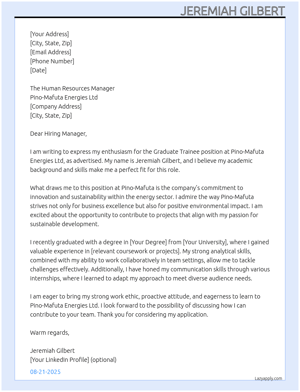  graduate Trainee position At Pino-Mafuta Energies Ltd Cover Letter
