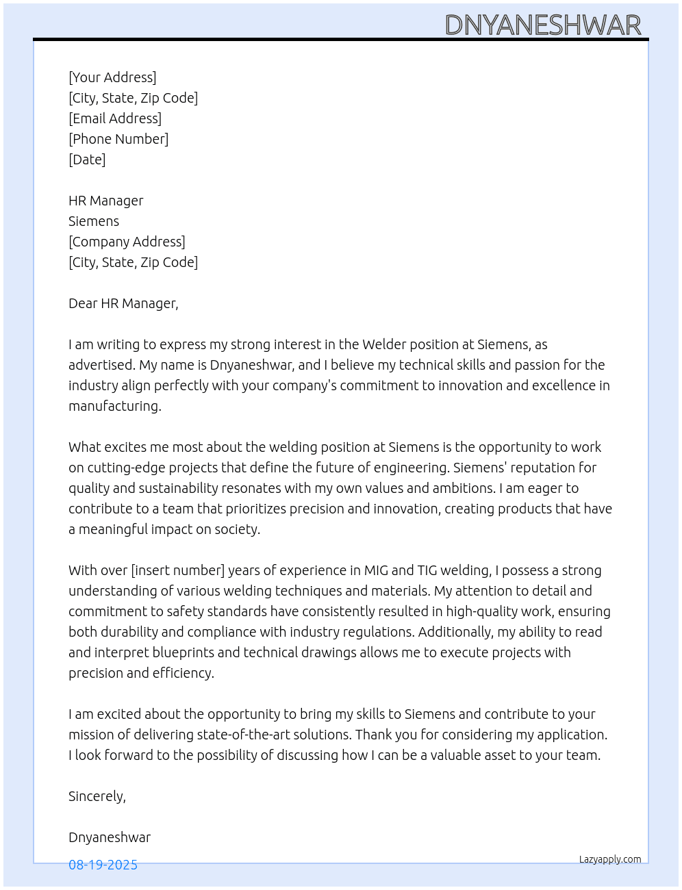 Welder  At Siemens  Cover Letter