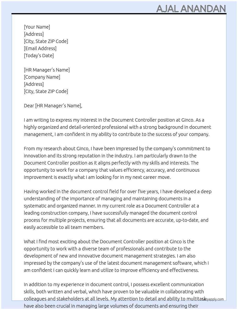 Document Controller At Ginco Cover Letter