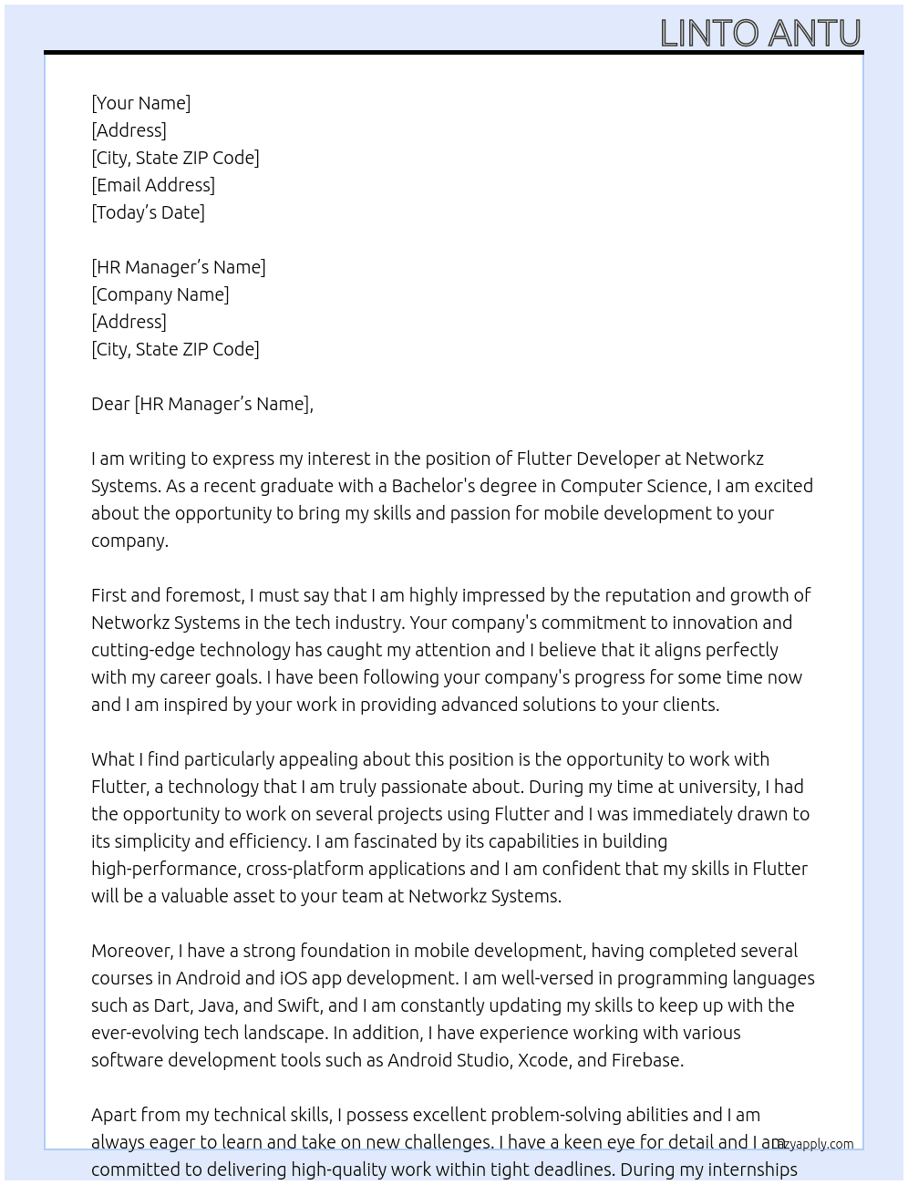 flutter  developer fresher At NETWORKZ SYSTEMS Cover Letter