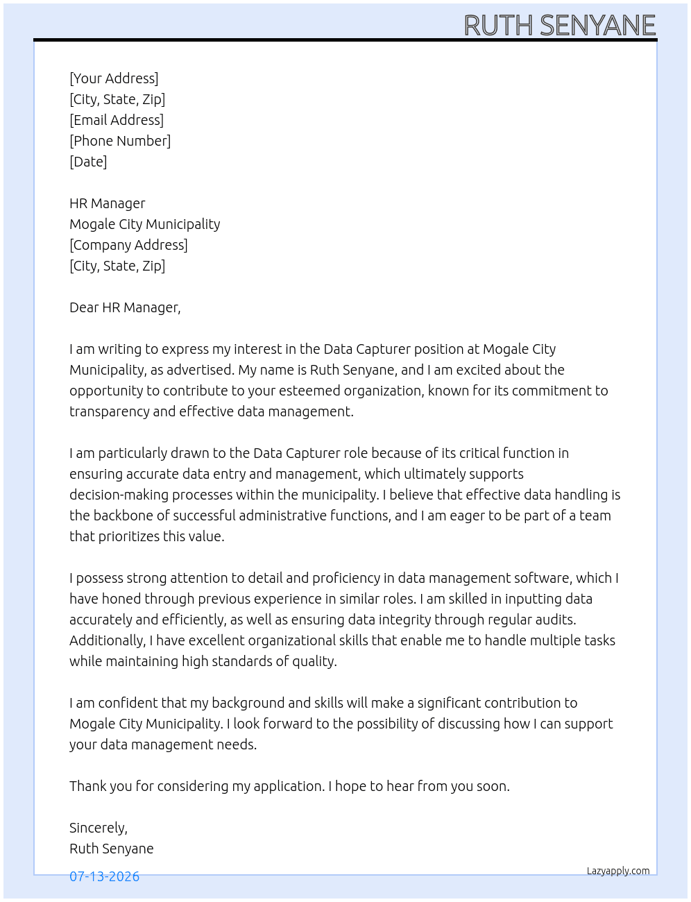Data capturer  At Mogale city municipality  Cover Letter