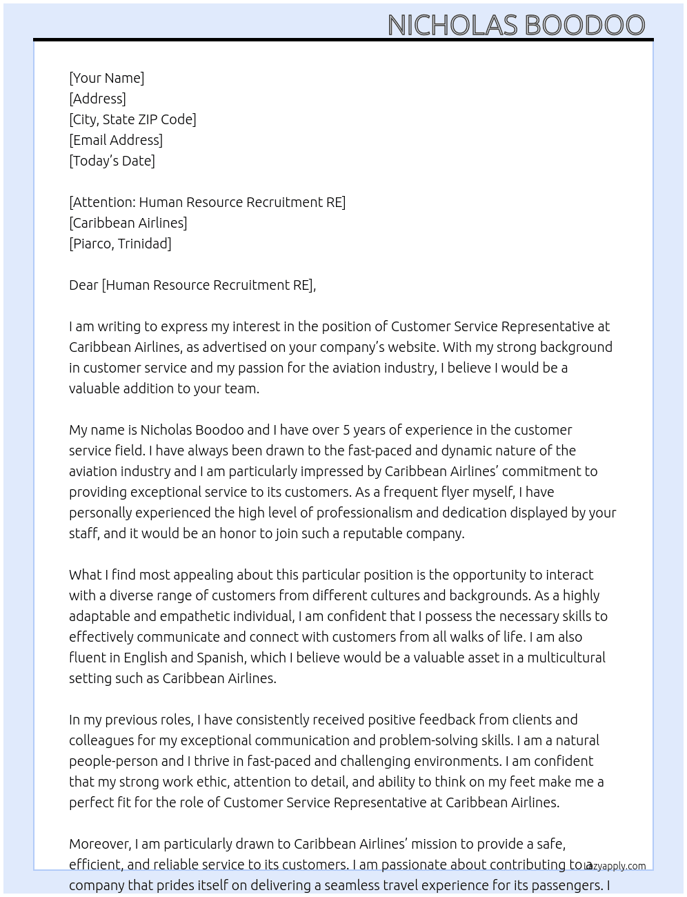 Customer Service Representative  At Caribbean Airlines  Cover Letter