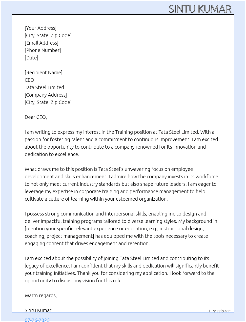 Training At Tata Steel limited  Cover Letter