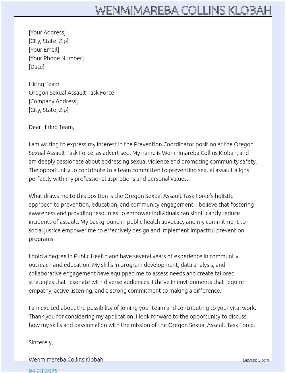 Prevention Coordinator At Oregon Sexual Assault Task Force Cover Letter