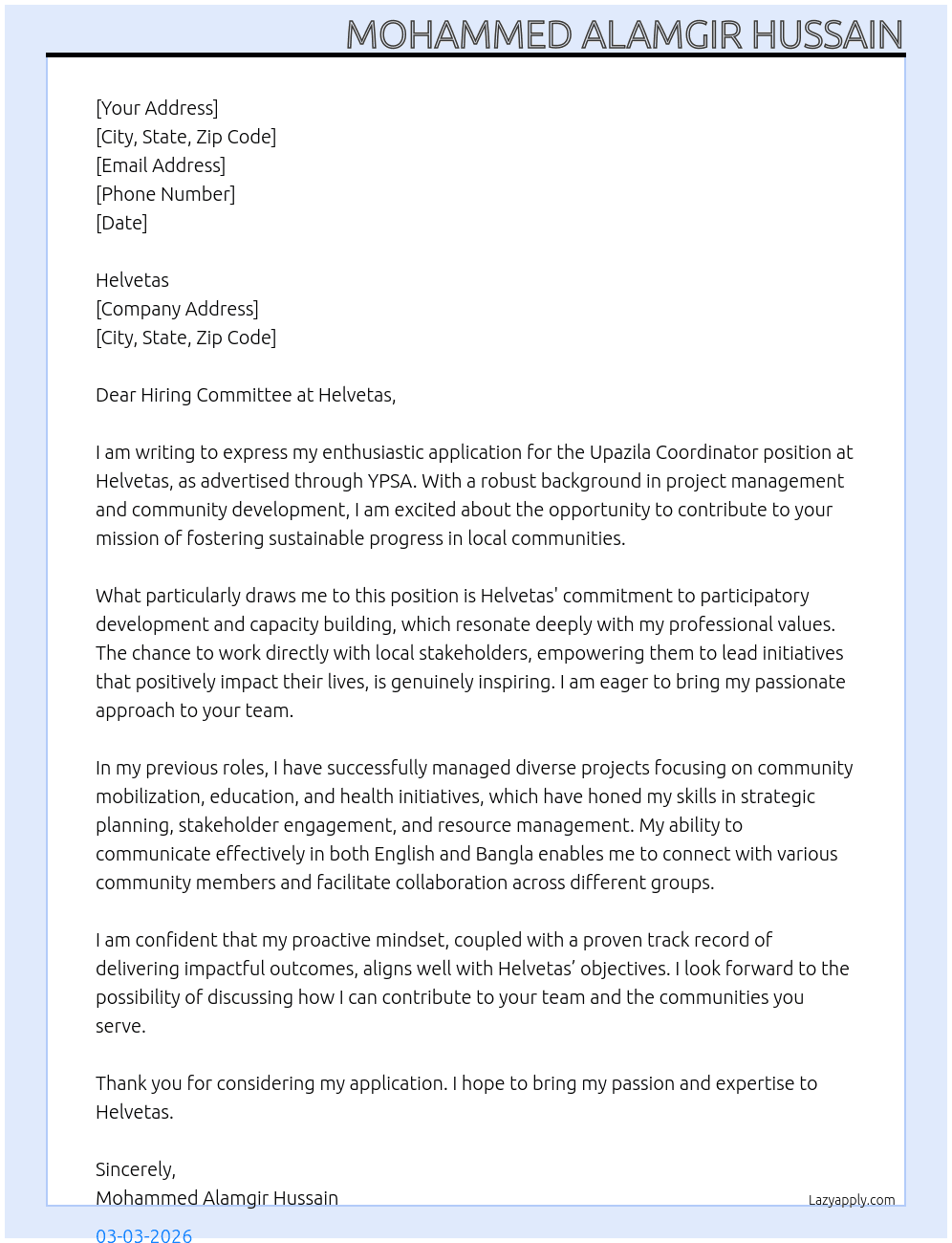Upazlia Coordinator At YPSA Cover Letter