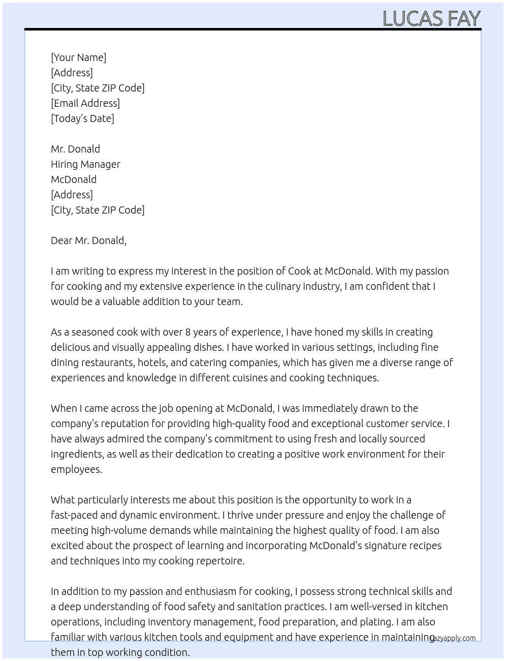 cook At McDonald Cover Letter
