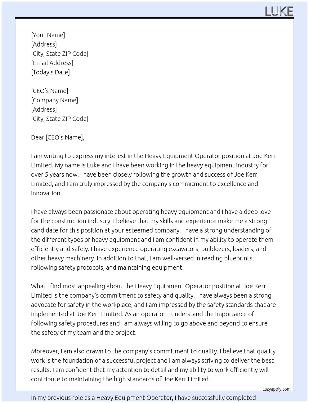 Heavy Equipment operator At Joe Kerr limited Cover Letter