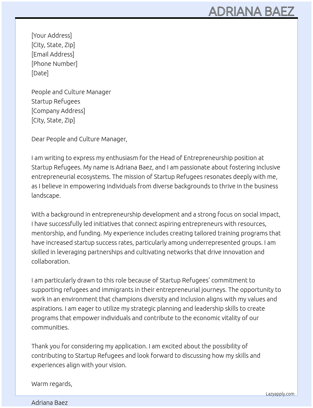  Head of Entrepreneurship At Startup refugees  Cover Letter