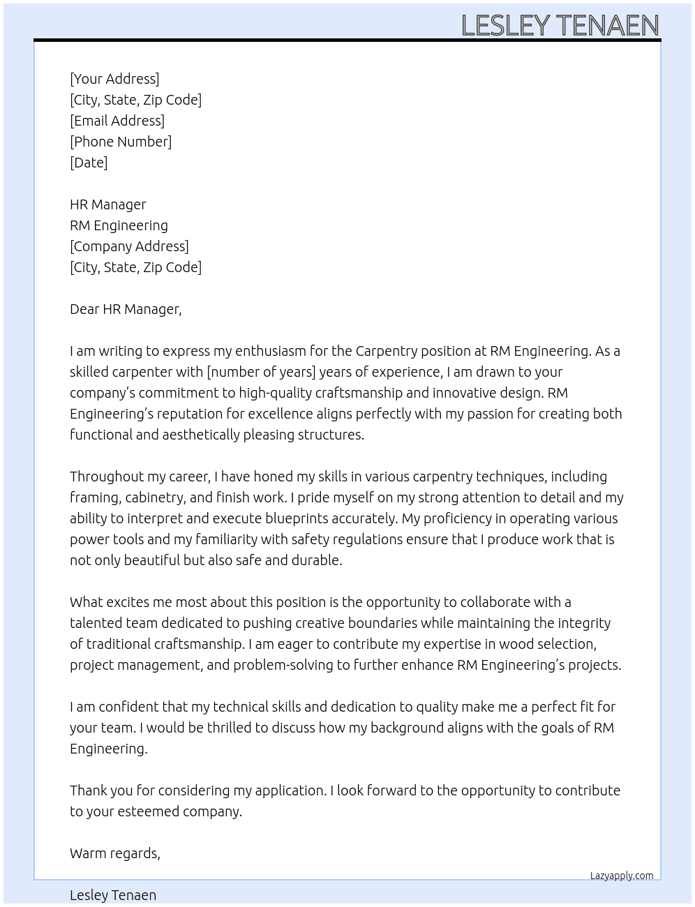 Carpentry  At RM Engineering  Cover Letter