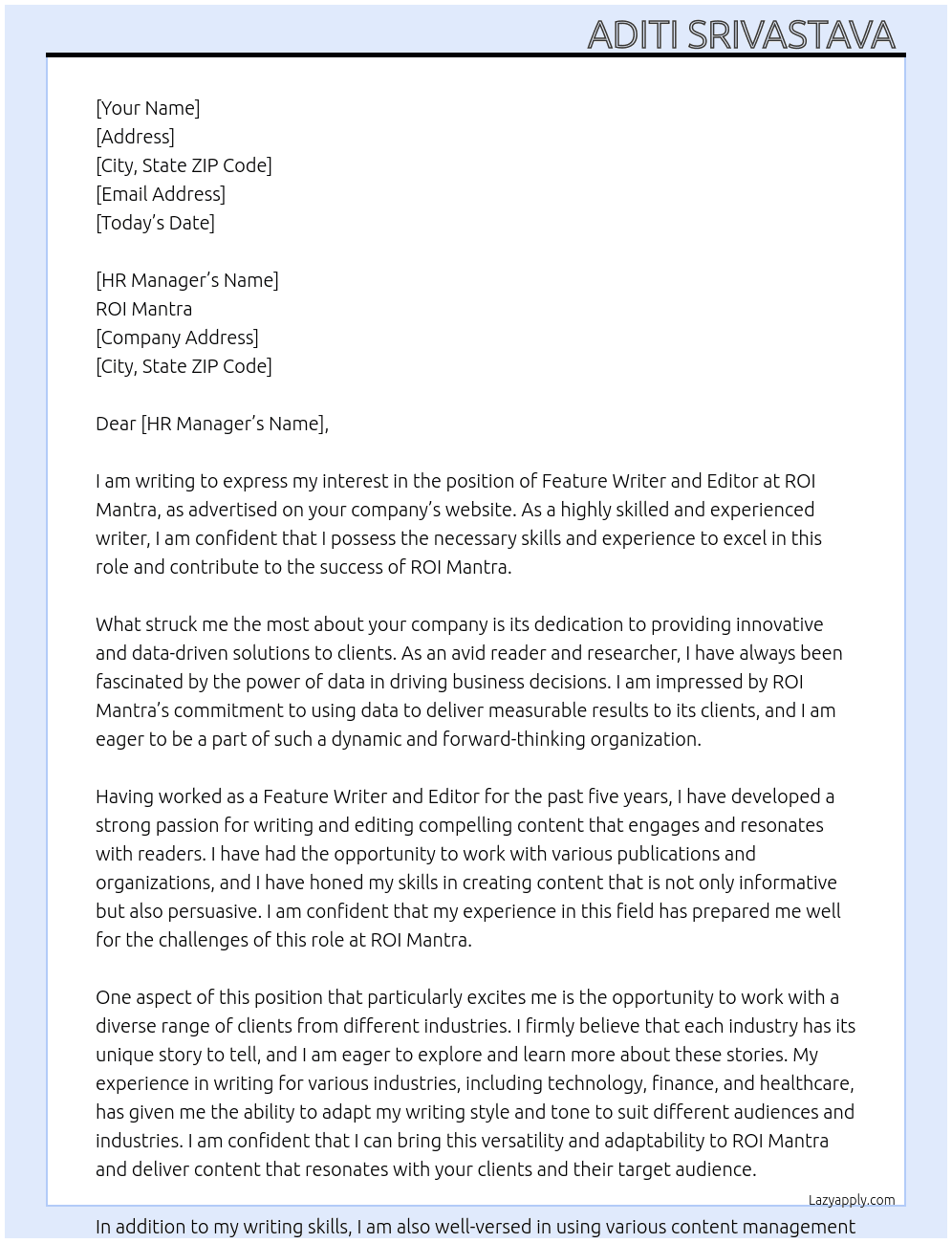 Cover letter for feature writer and editor - LazyApply