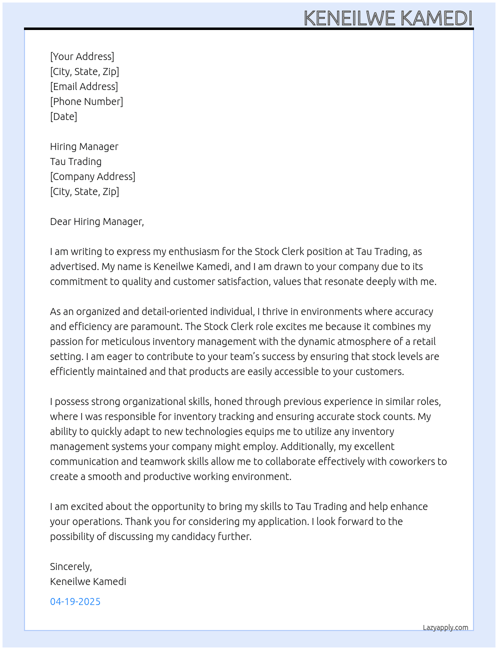Stock clerk At Tau hrading Cover Letter
