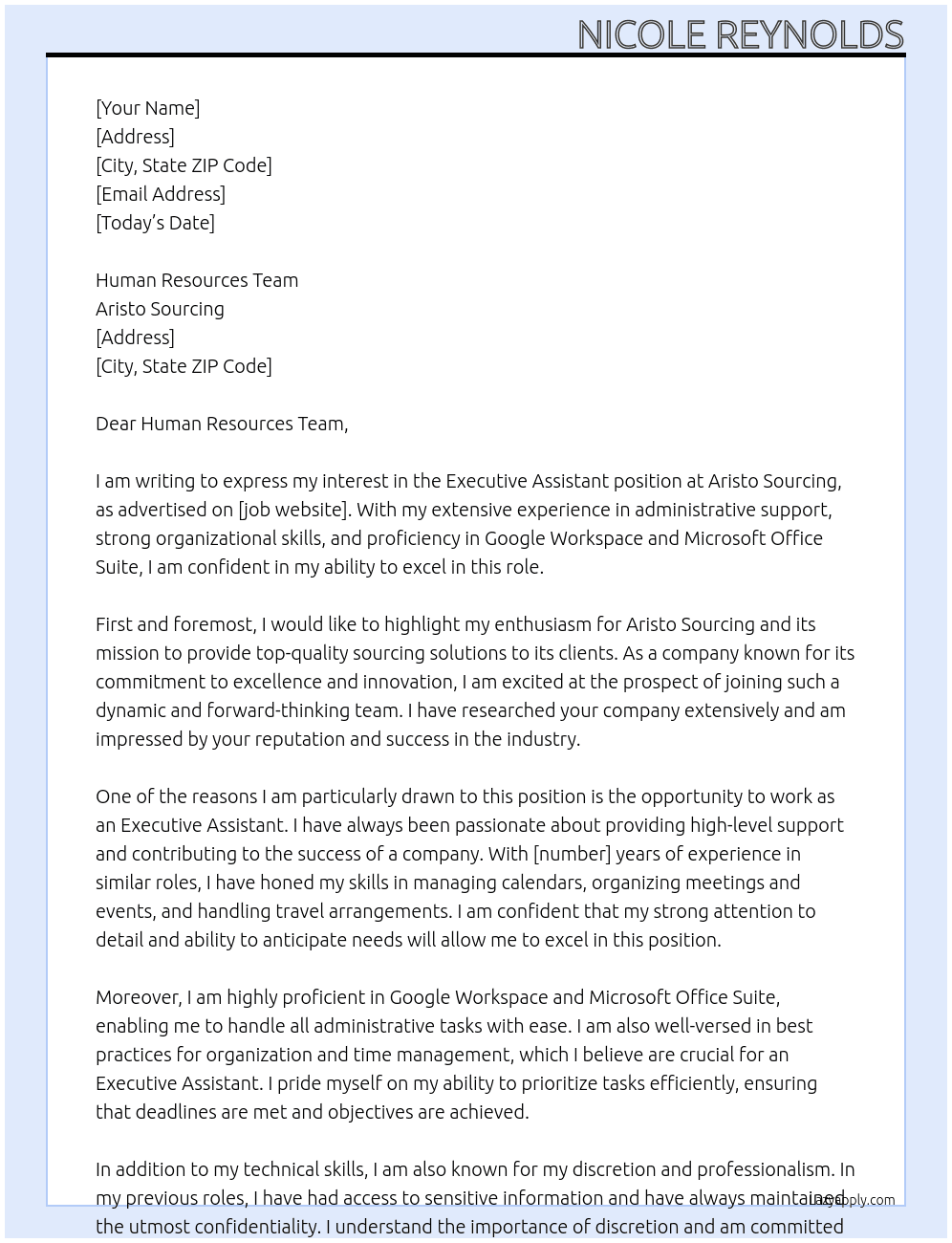 Executive Assistant At Aristo Sourcing Cover Letter