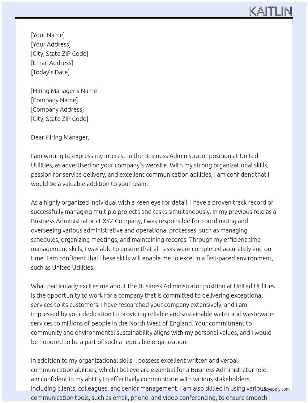Business Administrator  At United Utilities  Cover Letter