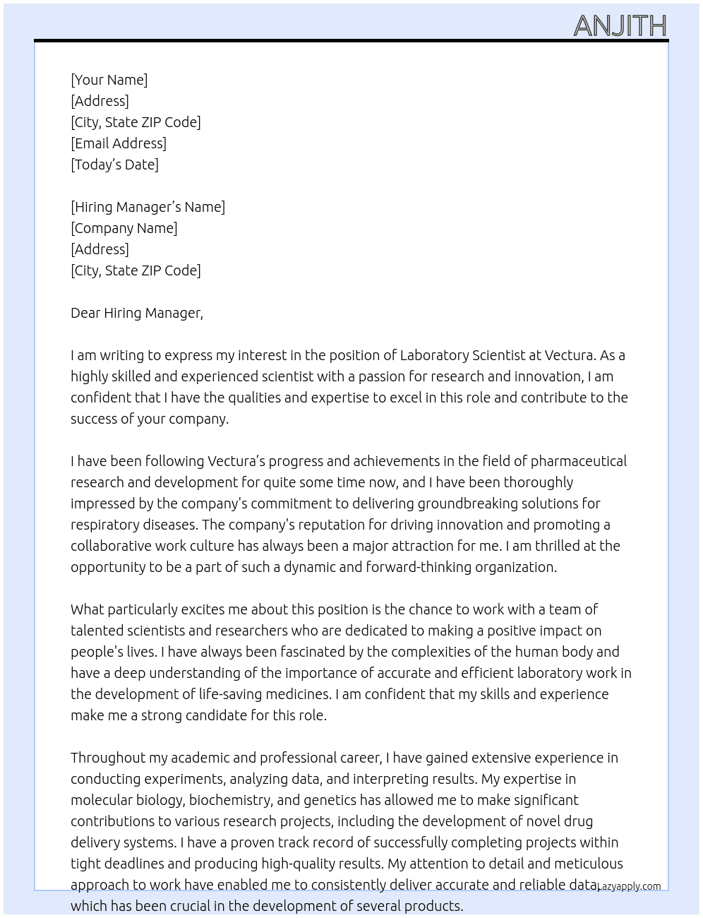Laboratory Scientist  At Vectura Cover Letter