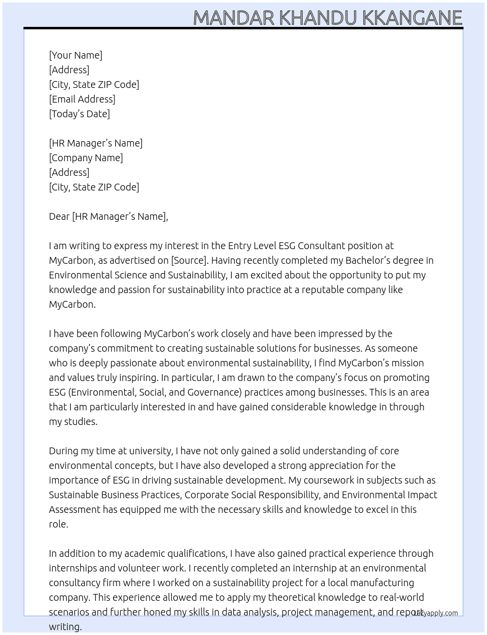 Entry level ESG COnsultant At MyCarbon Cover Letter