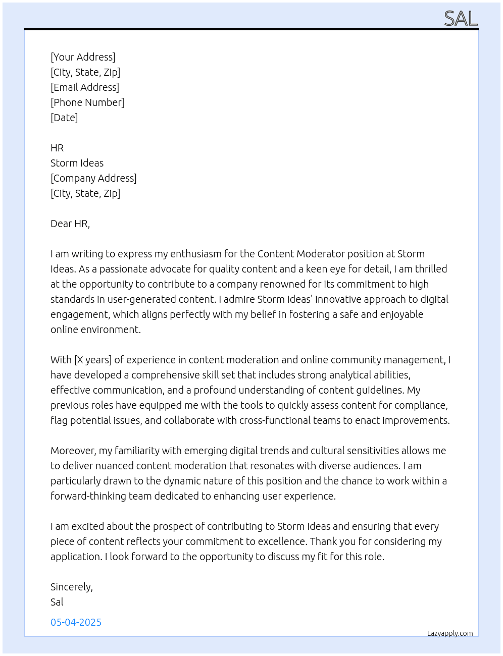 Content moderator At Storm ideas Cover Letter
