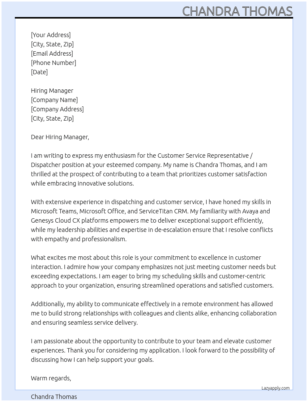 Customer Service Representative / Dispatcher  At Hiring Manager  Cover Letter