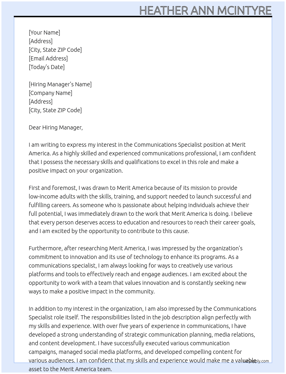 Communications Specialist At Merit America Cover Letter