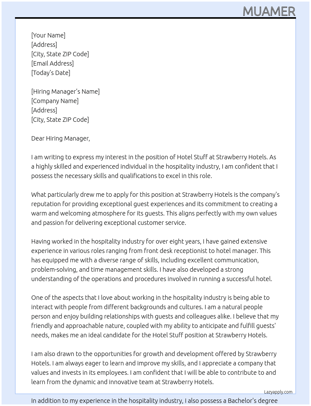 hotel stuff At Strawberry hotels Cover Letter