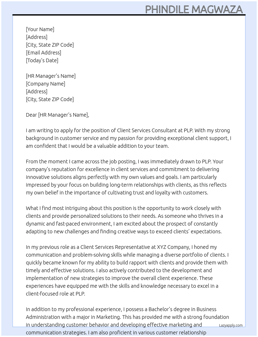 Client services consultant  At PLP  Cover Letter