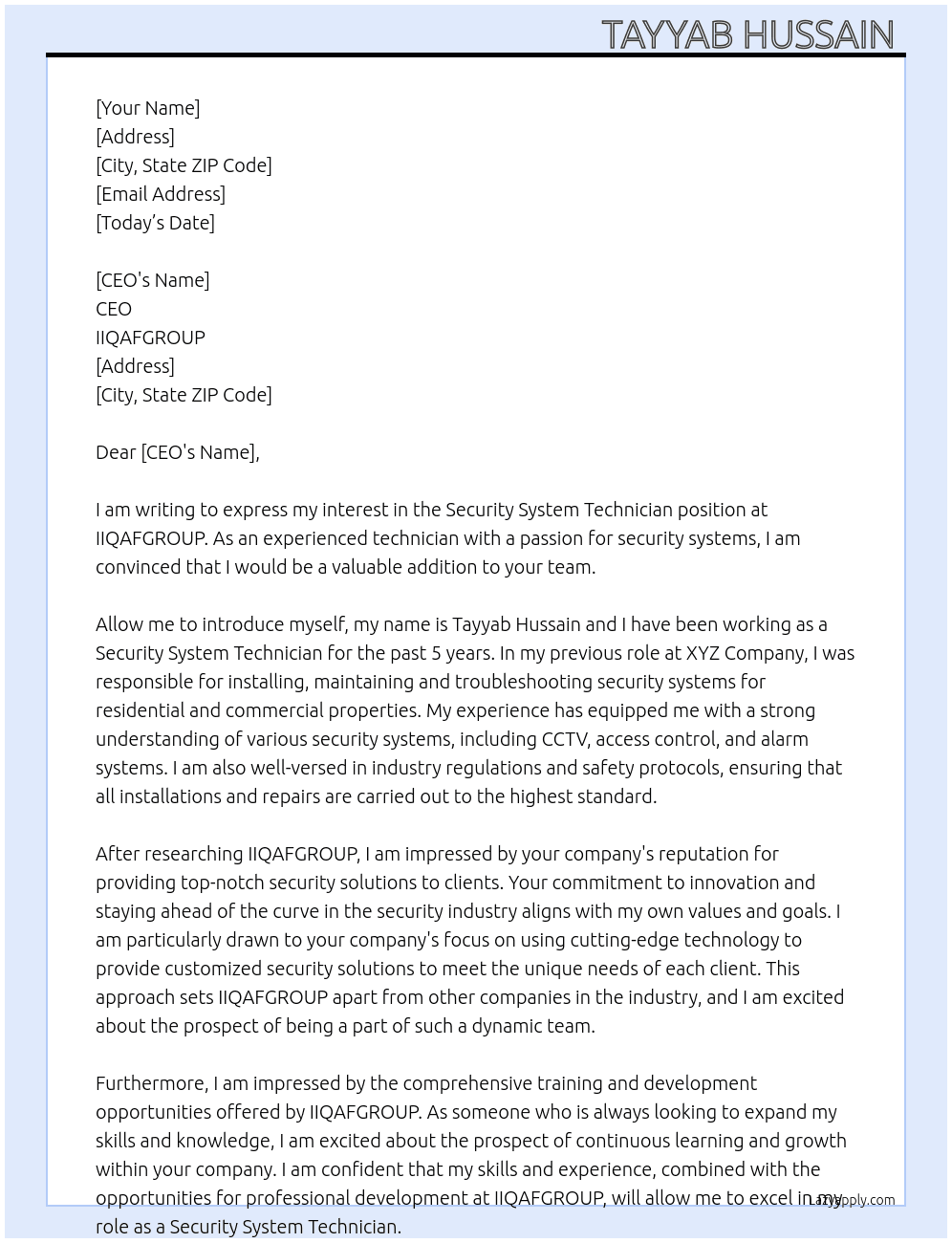 Security system technician At IIQAFGROUP Cover Letter