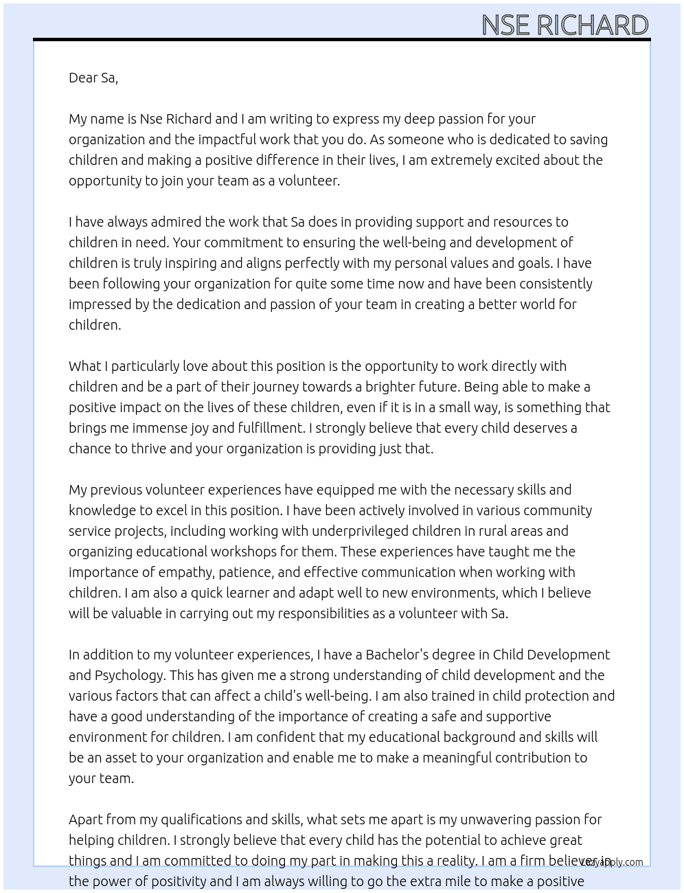 Volunteering At Sa Cover Letter