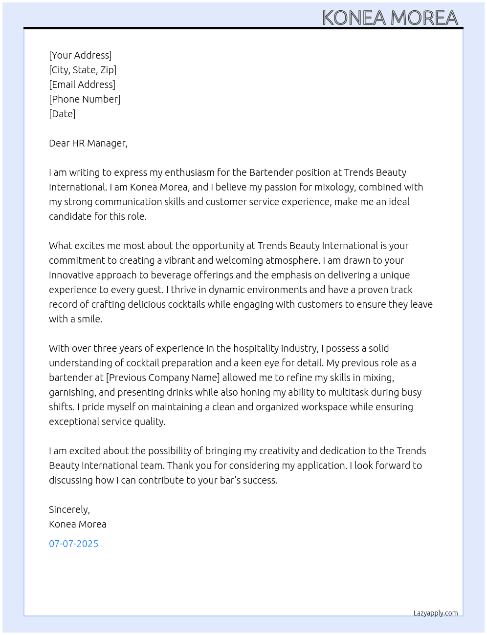 Bartender  At Trends Beauty International  Cover Letter