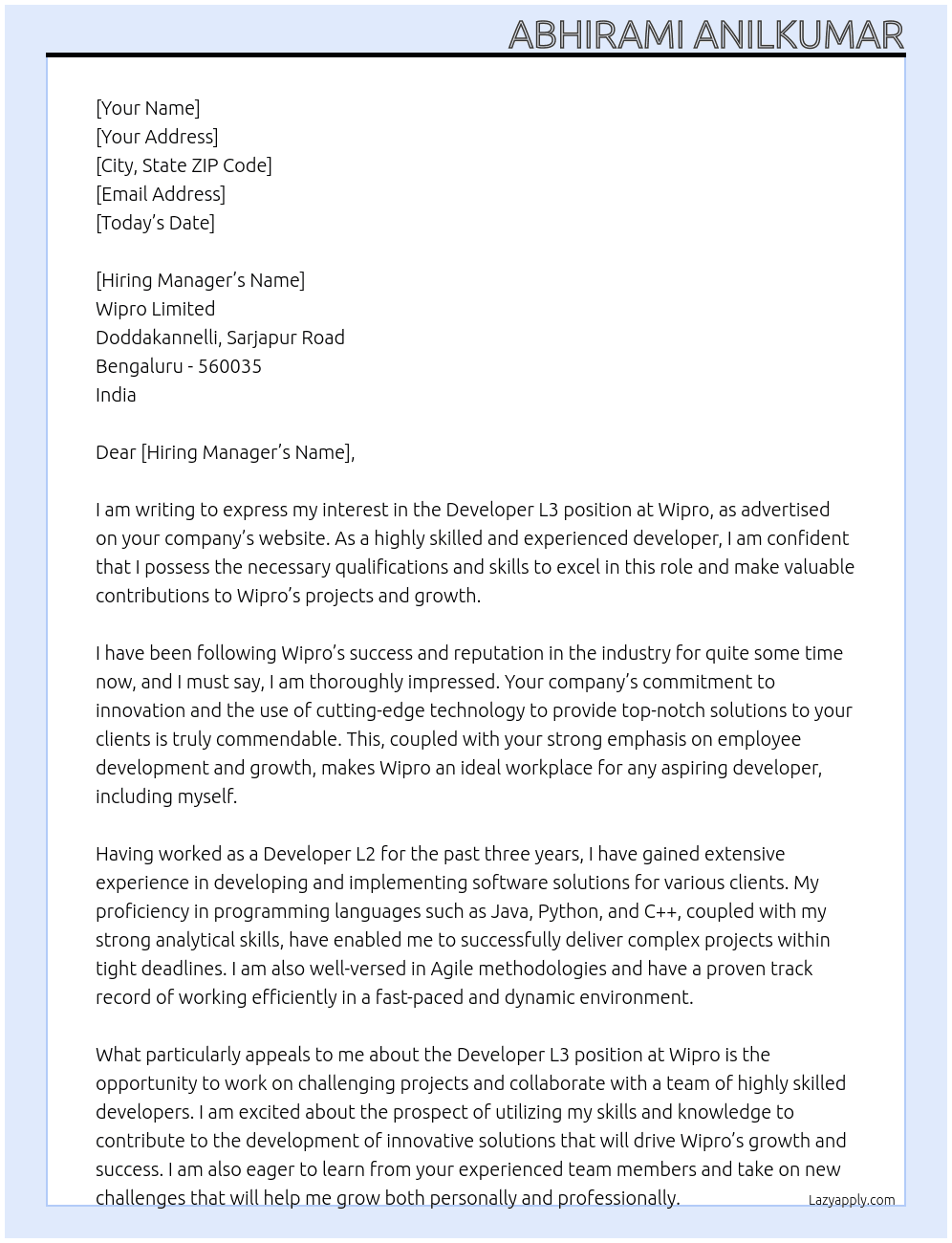 Cover letter for developer l3 - LazyApply