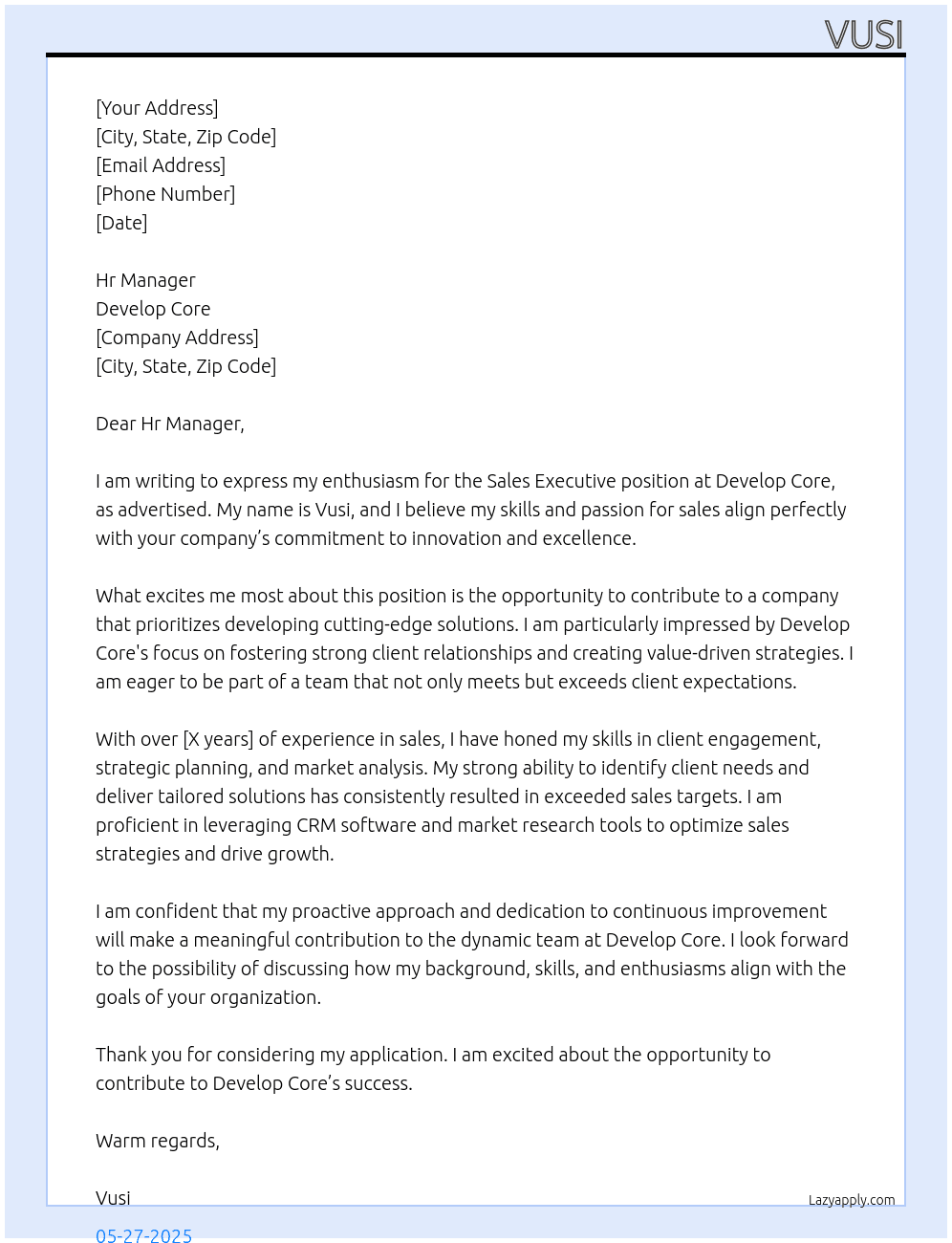 Sales executive  At Develop core Cover Letter