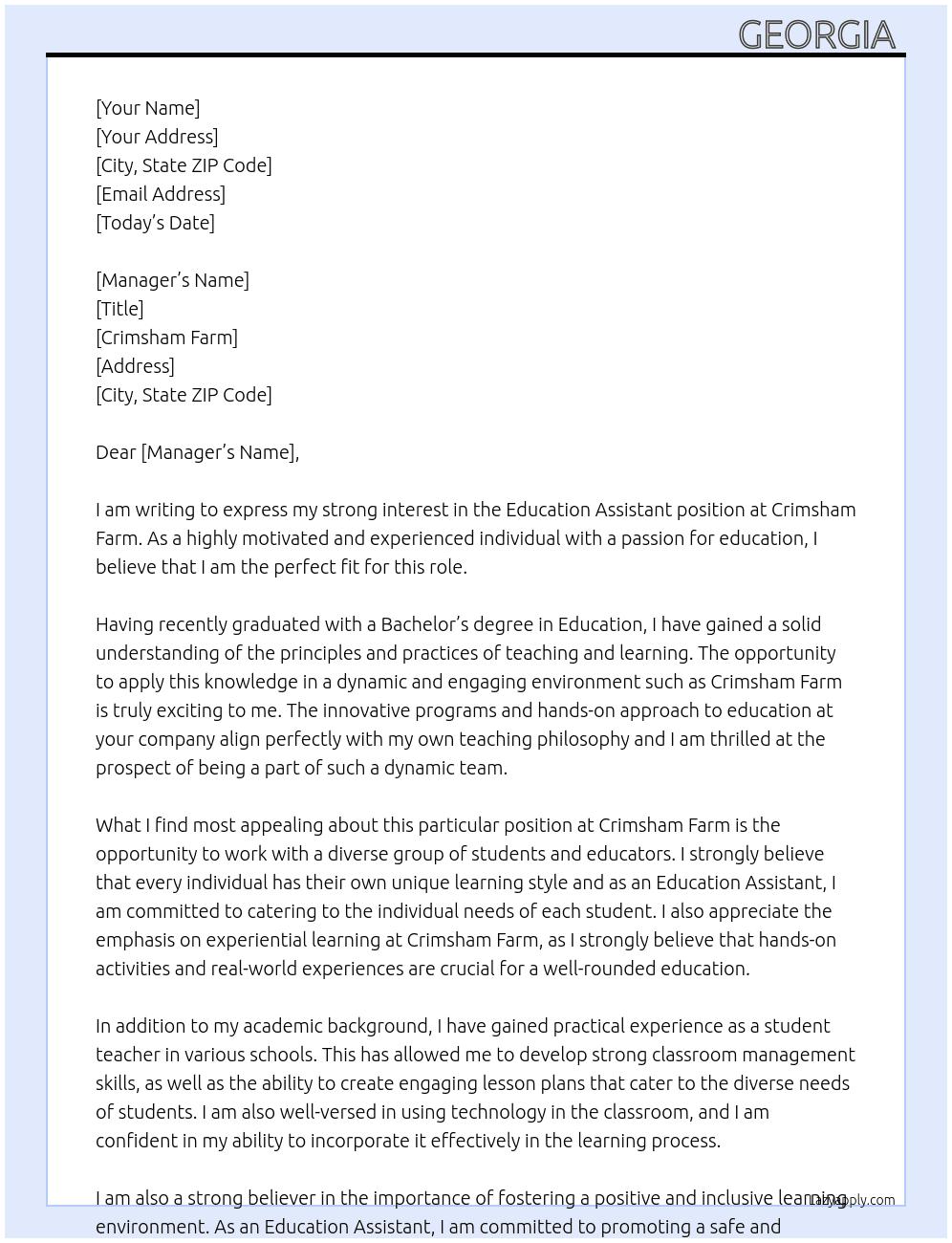 Education assistant  At Crimsham farm  Cover Letter