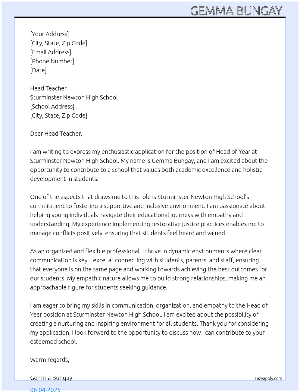 Head of Year  At Sturminster Newton High School Cover Letter