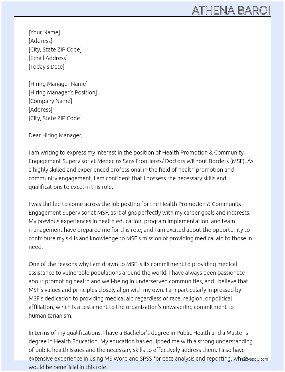 Cover letter for health promotion & community engagement supervisor - LazyApply