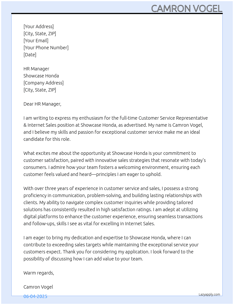 Customer Service Representative & Internet Sales At Showcase Honda Cover Letter