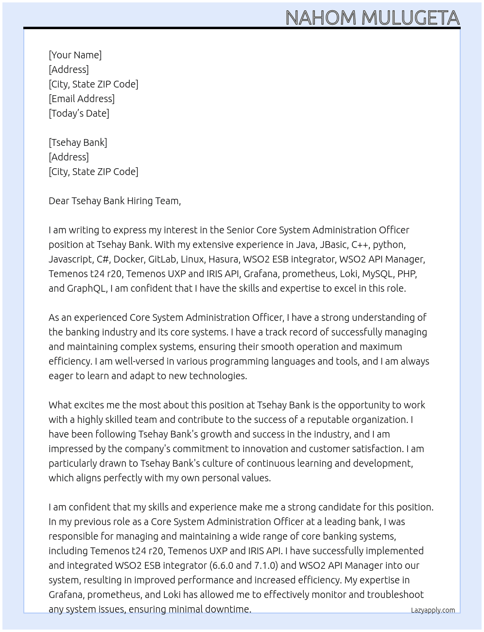 Senior Core System Administration Officer At Tshehay Bank Cover Letter