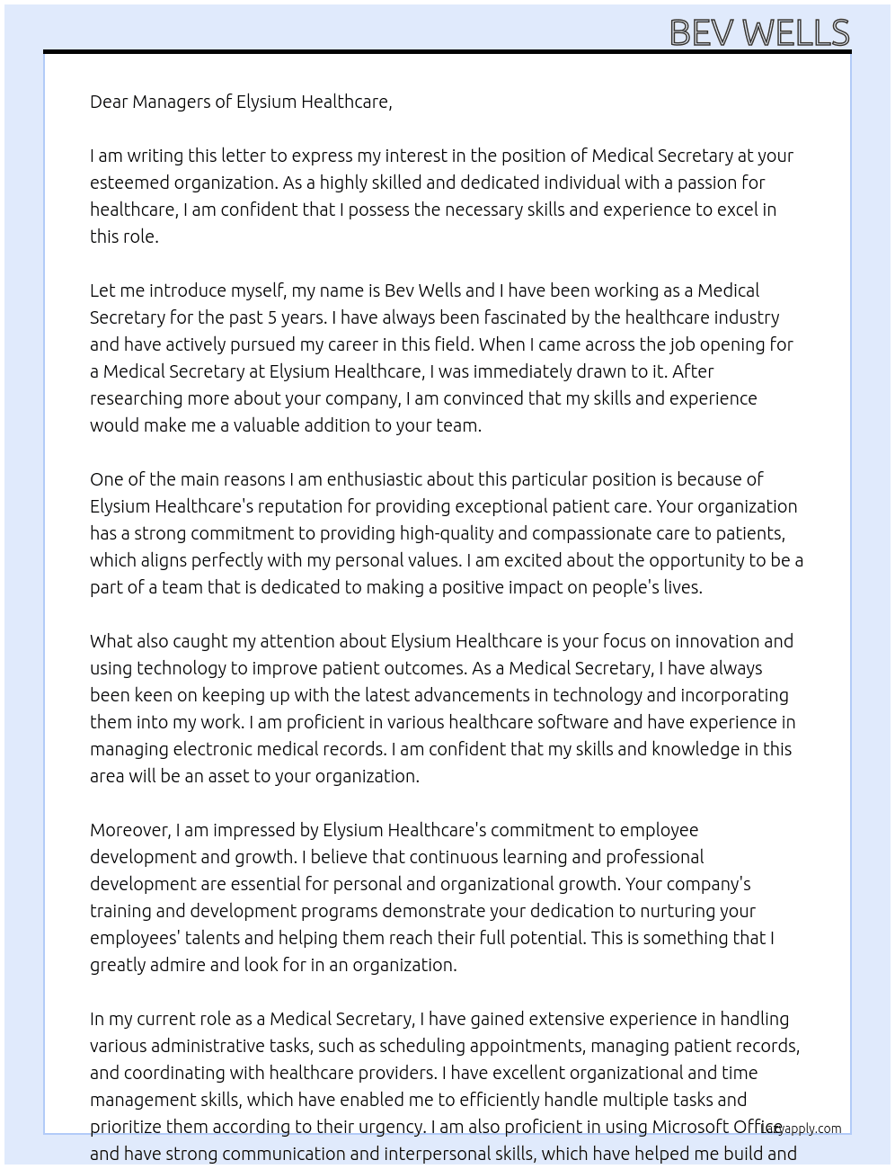 Medical Secretary At Elysium Healthcare Cover Letter