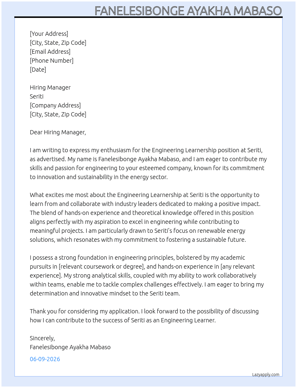 Engineering Learnership  At Seriti Cover Letter