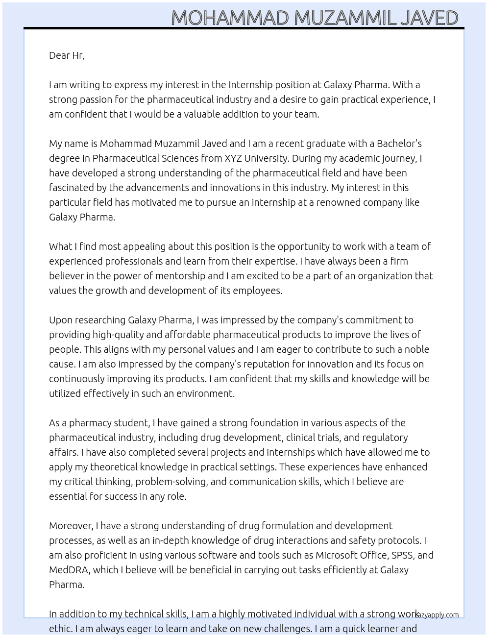 Internship  At Galaxy pharma Cover Letter