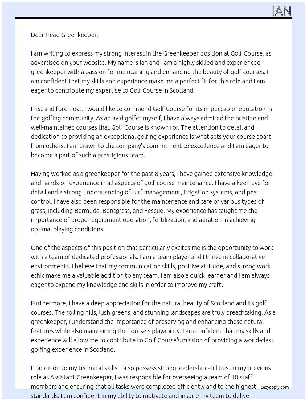 Greenkeeper At Golf course Cover Letter