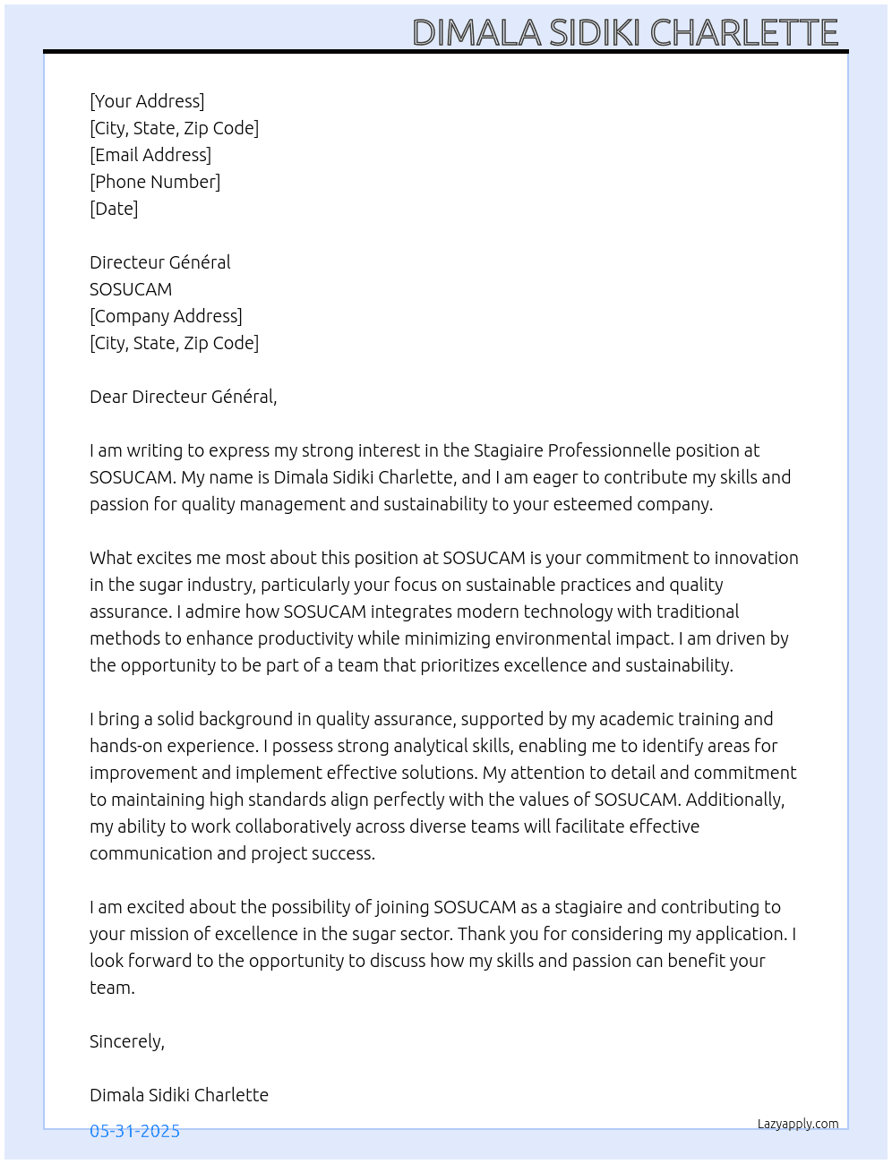 stagiaire professionelle QSP-SOSUCAM At SOSUCAM Cover Letter