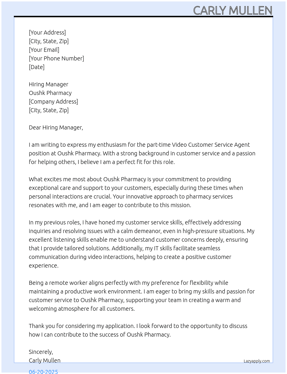 Video customer service agent At Oushk Pharmacy Cover Letter