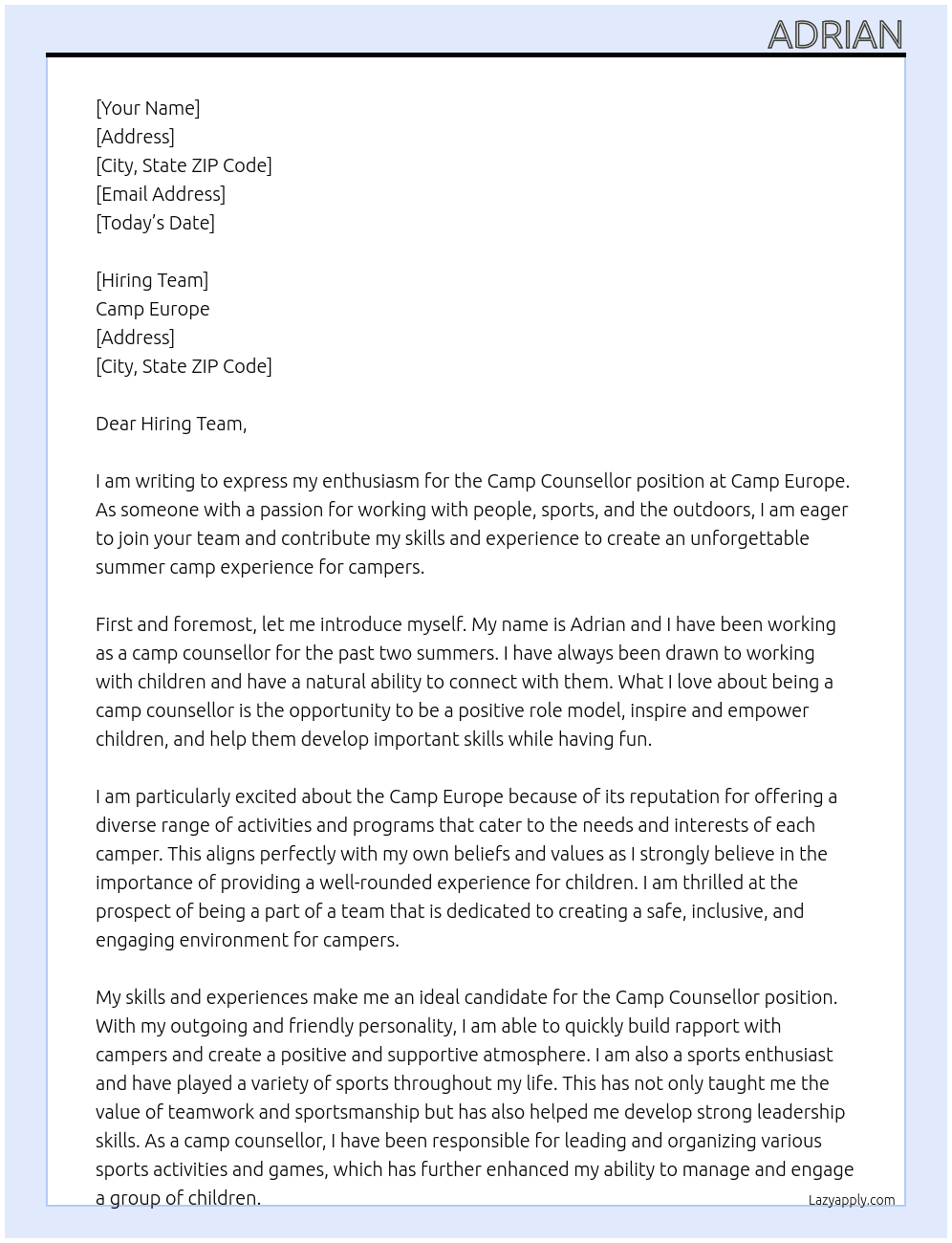 Camp Counsellor At Camp Europe Cover Letter