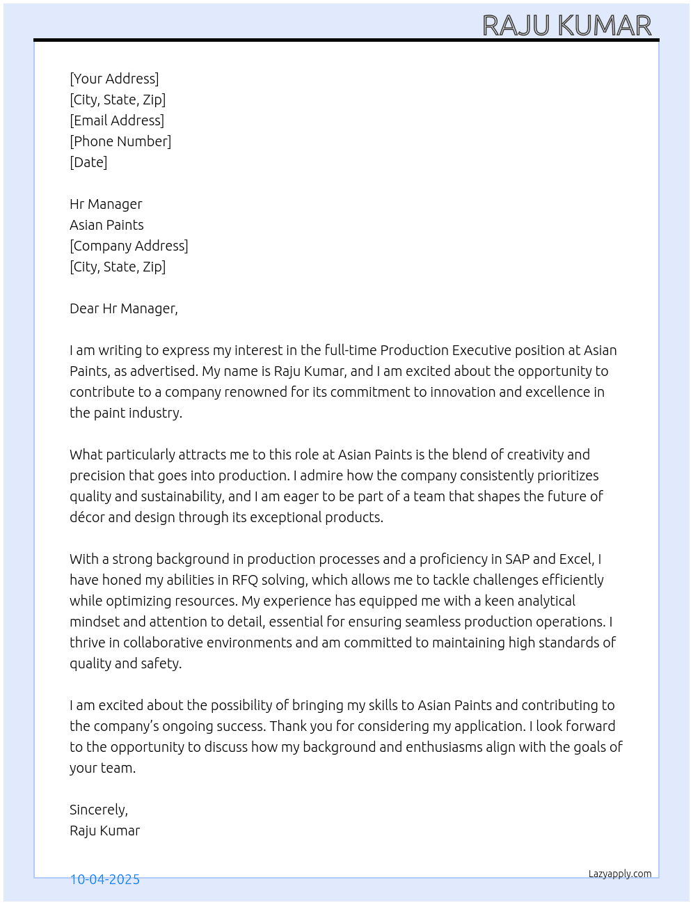 Production executive  At Asian paints  Cover Letter