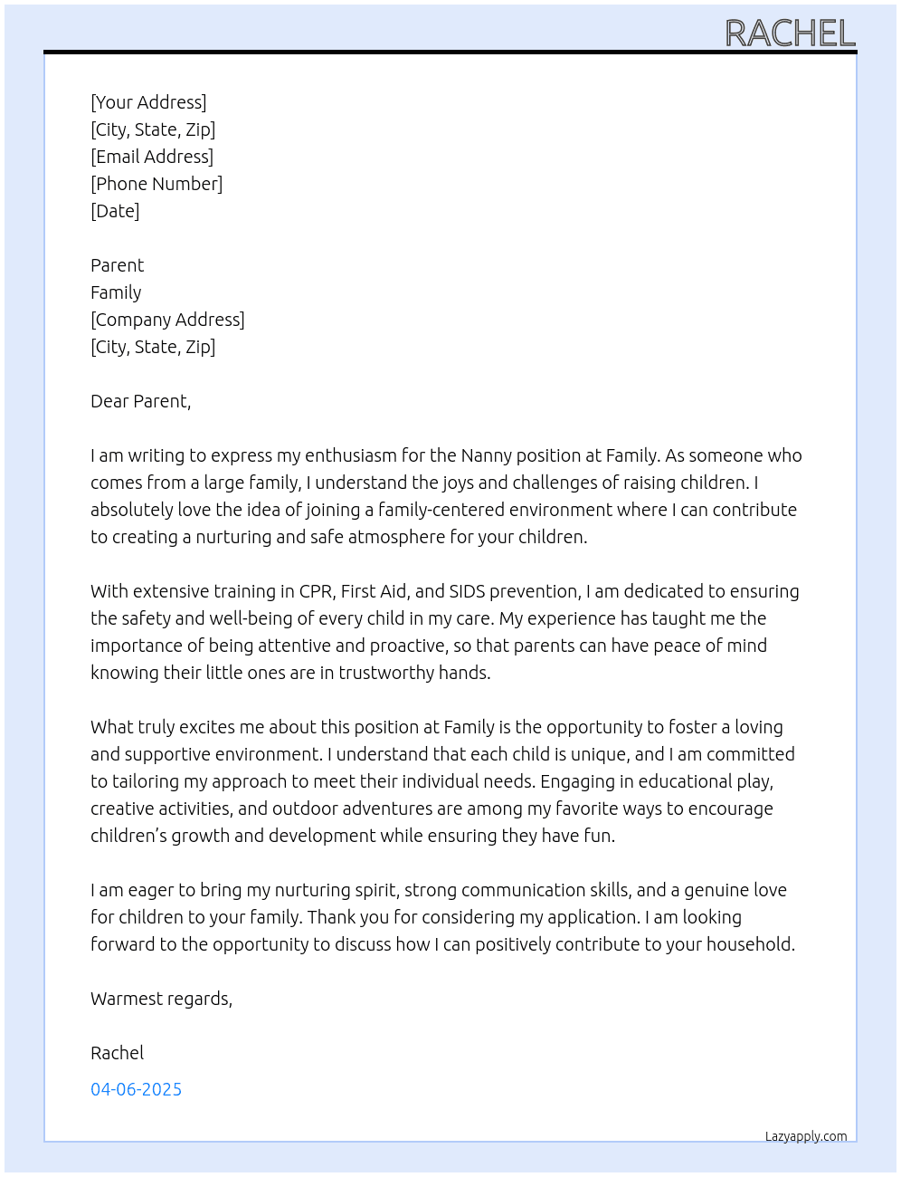 Nanny At Family Cover Letter