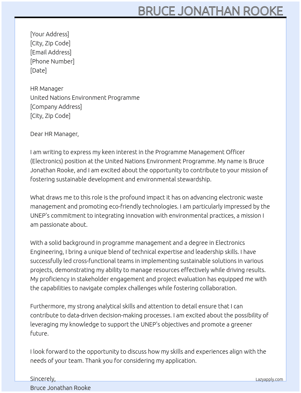 PROGRAMME MANAGEMENT OFFICER (Electronics) At United Nations Environment Programme Cover Letter