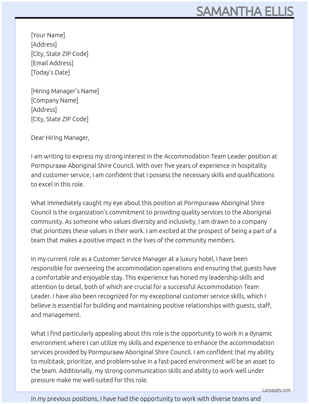 Accommodation Team Leader At Pormpuraaw Aboriginal Shire Council Cover Letter
