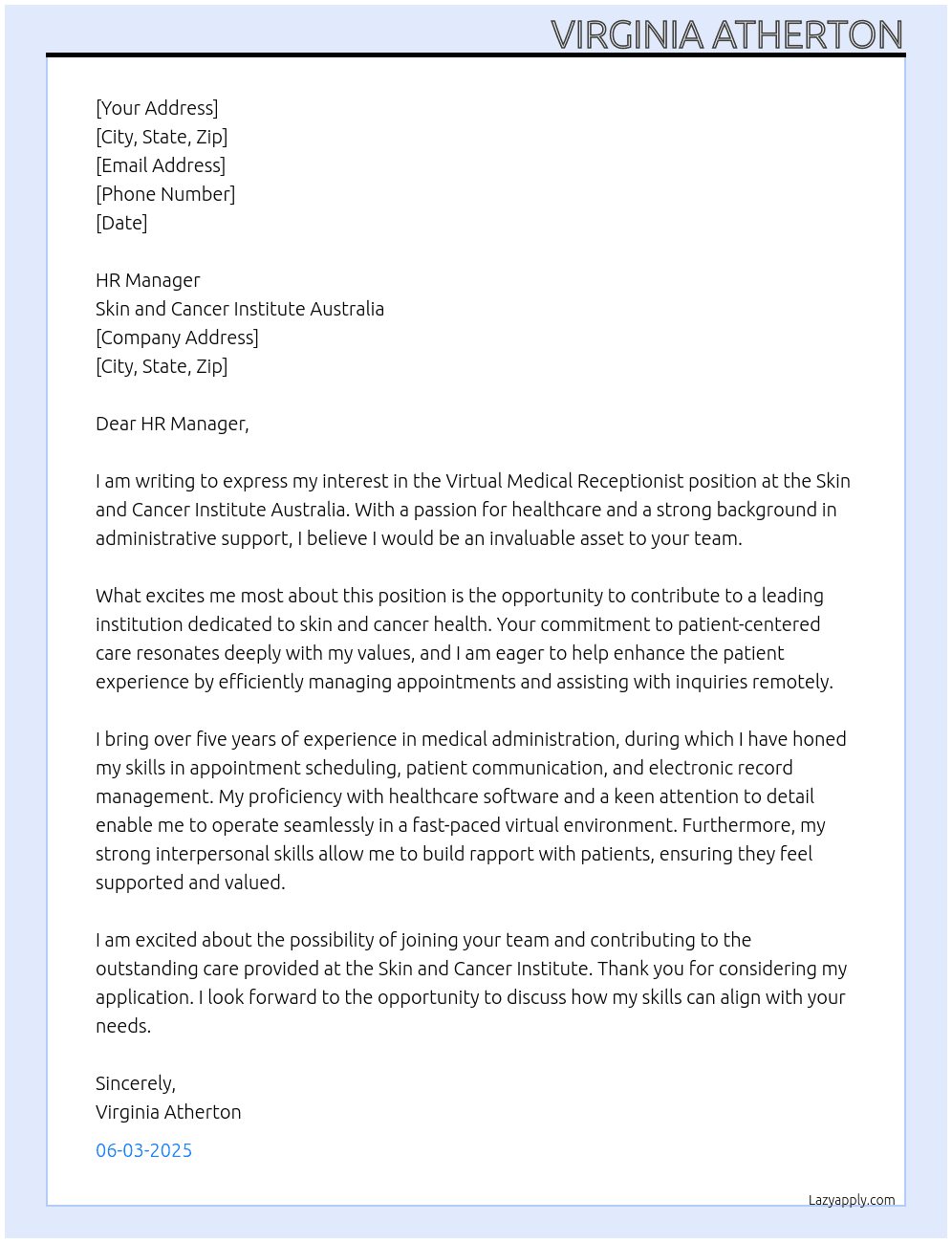 virtual medical receptionist At Skin and cancer institute Australia Cover Letter