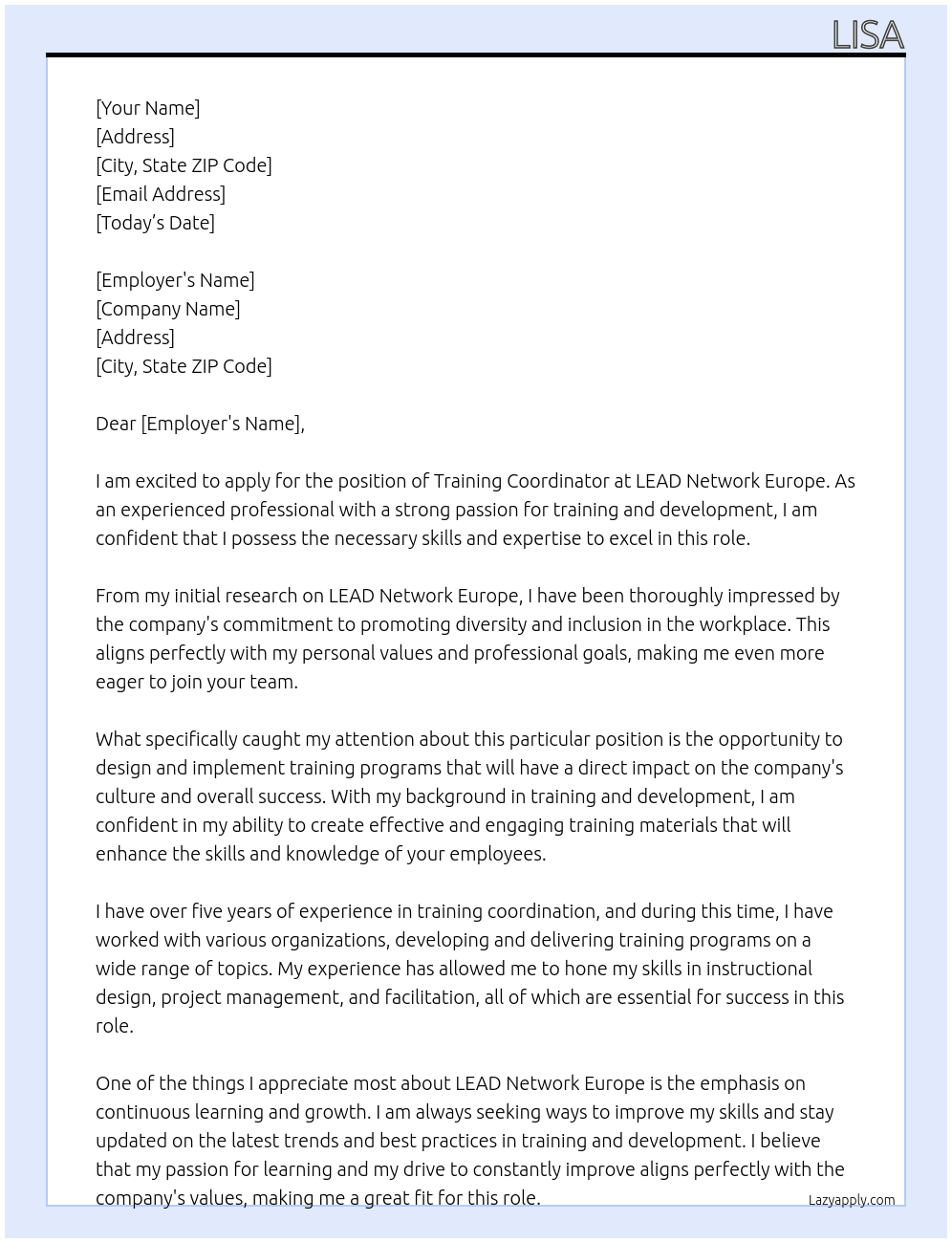 Cover letter for training coordinator - LazyApply