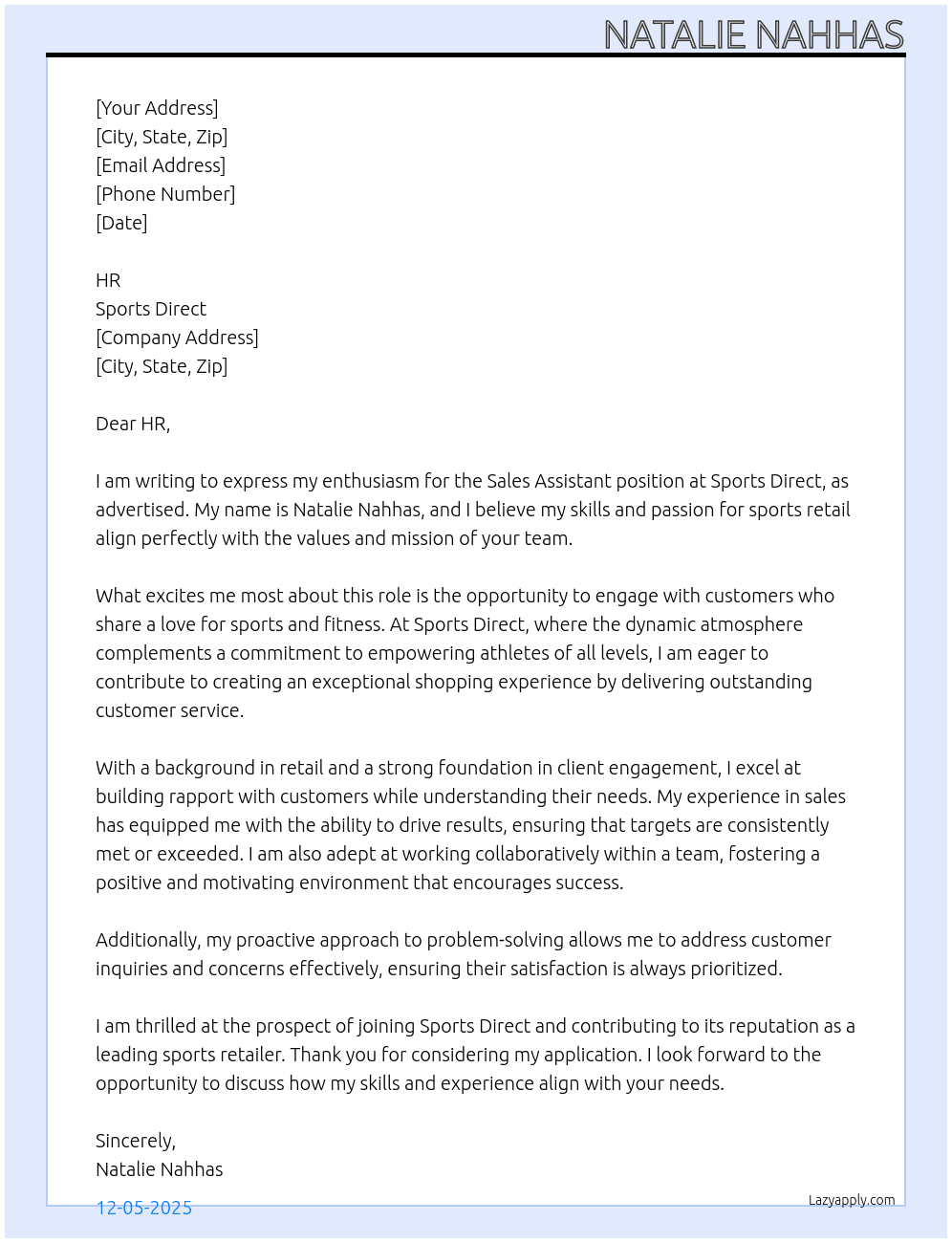 Sales Assistant At Sports Direct Cover Letter