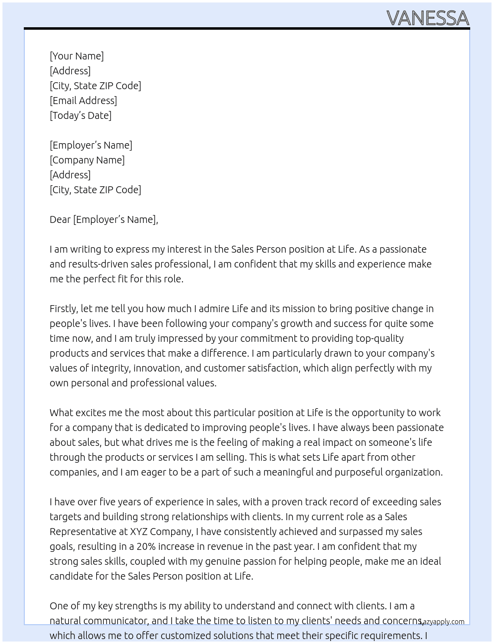 sales person At life Cover Letter