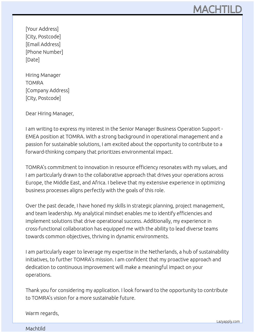 Senior Manager Business Operation Support - EMEA At TOMRA Cover Letter
